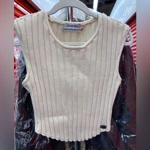Chanel Sleeveless Sweater Knit Top White Size 42